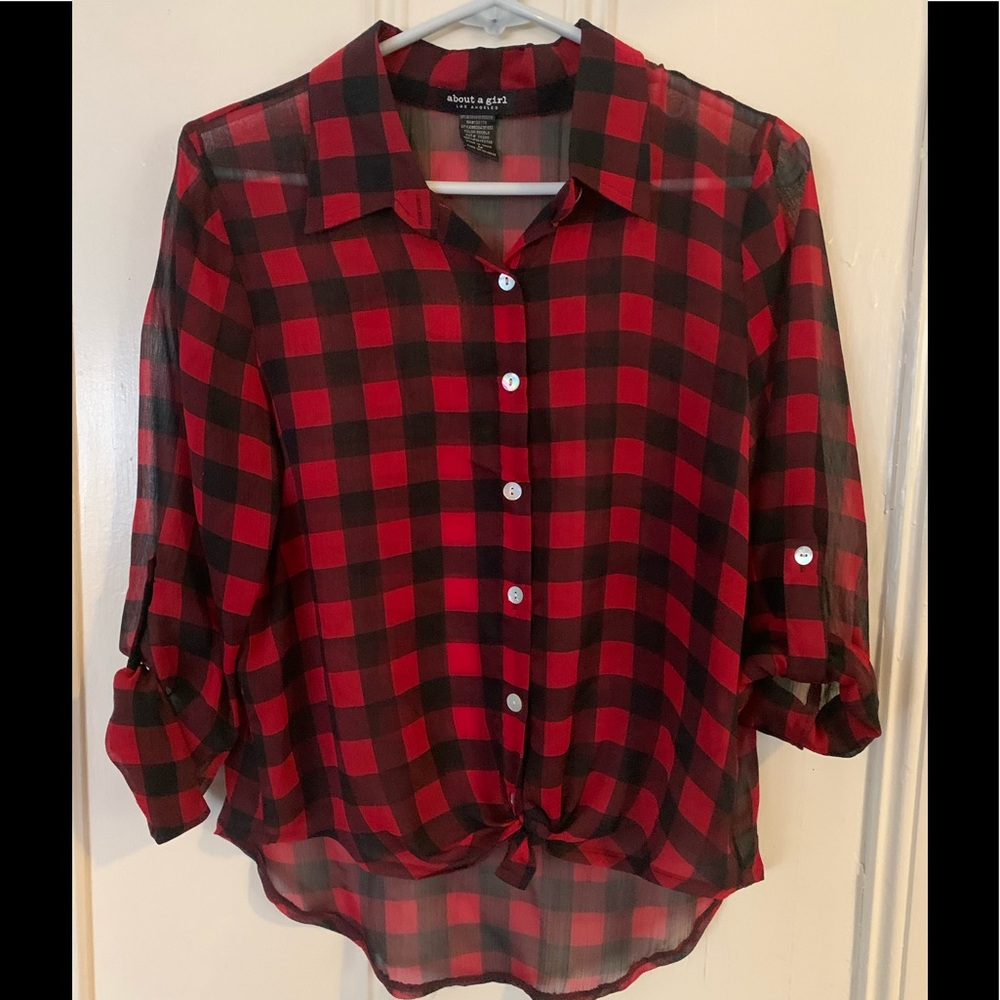Sheer black & red plaid blouse